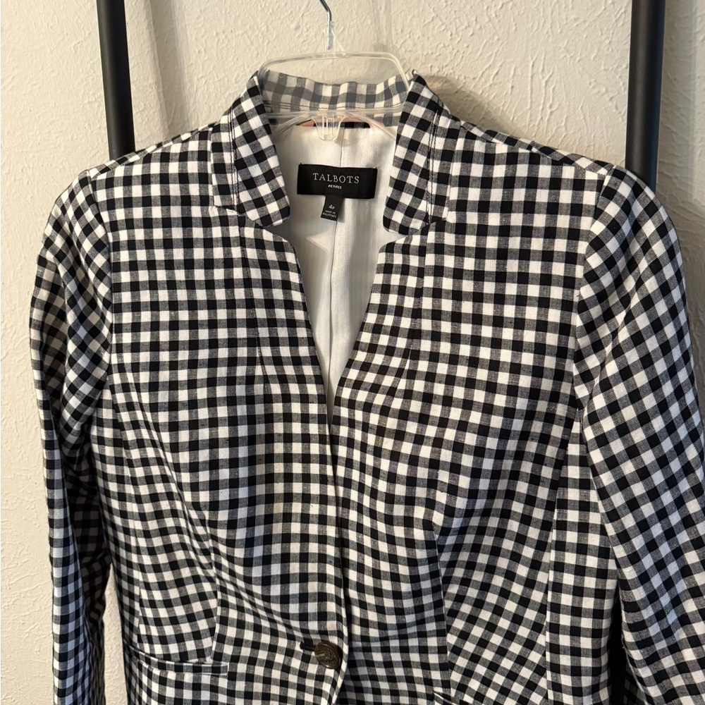 Talbots Black and White Gingham One Button Blazer Size 4P - Picture 2 of 5
